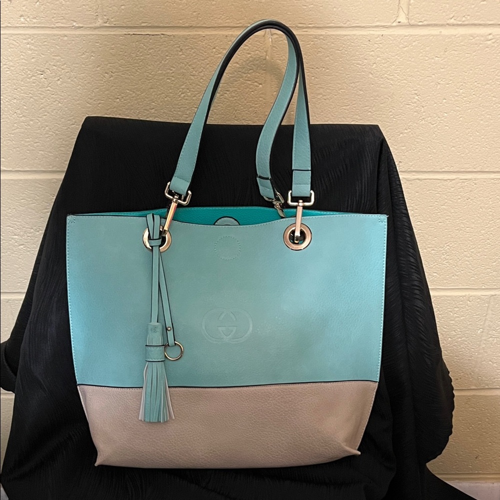 Two-Tone Tote Bag - Turquoise & Cream